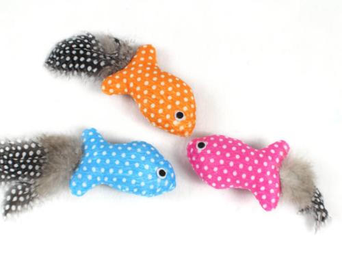 Polka Dot Fish Cat Toy with Feather Tail